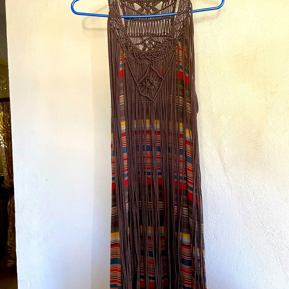 Ralph Lauren Maxi Dress colorful stripes with Brown Macramé detailing, 70’s vibe